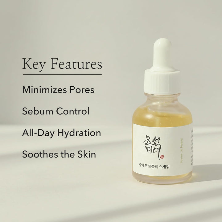 Beauty of Joseon Glow Serum Korean skincare key features: minimizes pores, sebum control, all-day hydration, soothes the skin