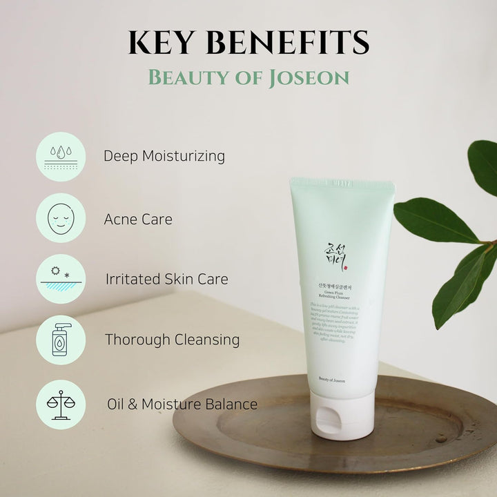 Beauty of Joseon Green Plum Refreshing Cleanser 100ml key benefits are: Jeep moisturising, acne care, irritated skin care, thorough cleansing, oil and moisture balance.