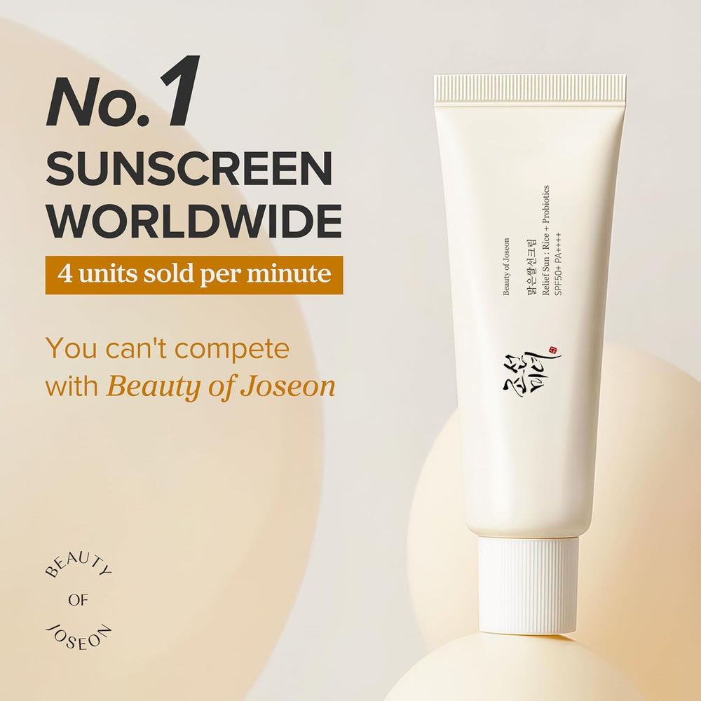 Beauty of Joseon Relief Sun Rice + Probiotics SPF50+ PA++++ 50ml tube, non-greasy K-Beauty sunscreen is the number 1 sunscreen worldwide.