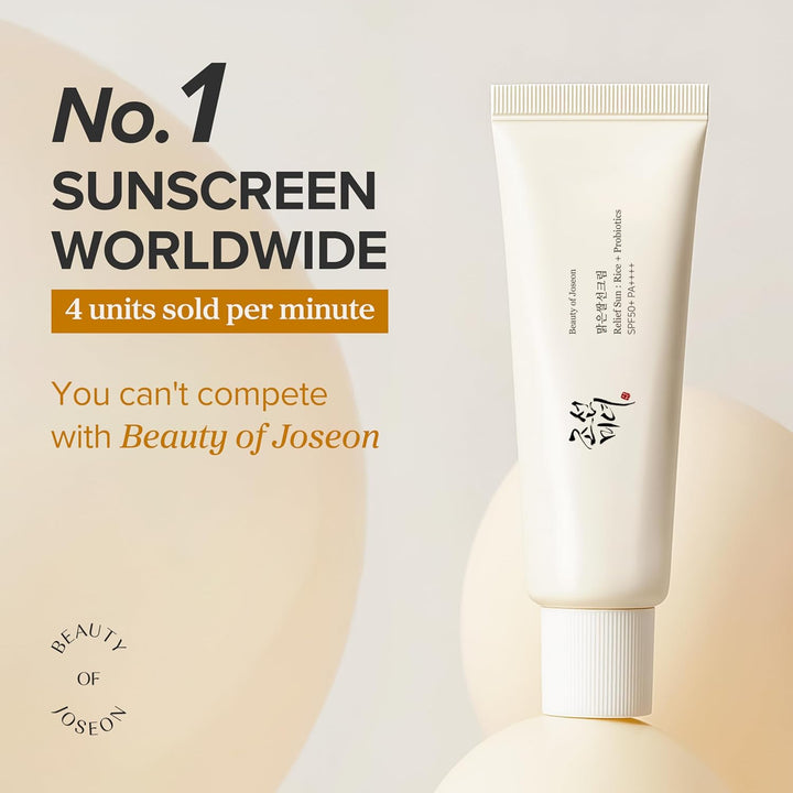 Beauty of Joseon Relief Sun Rice + Probiotics SPF50+ PA++++ 50ml tube, non-greasy K-Beauty sunscreen is the number 1 sunscreen worldwide.