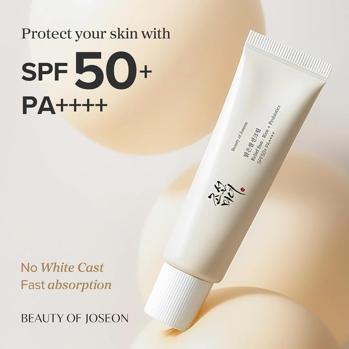 Beauty of Joseon Relief Sun Rice + Probiotics SPF50+ PA++++. No white cast. Fast absorption.