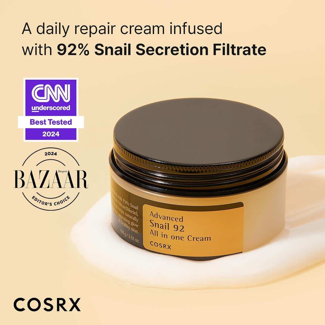 COSRX Advanced Snail 92 All in one Cream jar, a hydrating and healing K-Beauty moisturizer. A daily repair cream infused with 92% Snail Secretion Filtrate