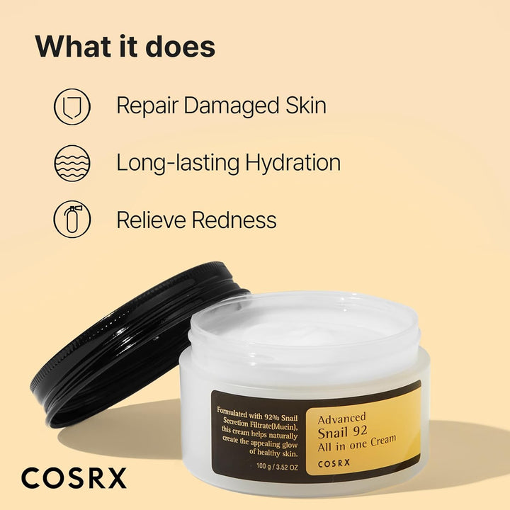 COSRX Advanced Snail 92 All in one Cream jar, a hydrating and healing K-Beauty moisturizer. What is does? Repair demaged skin, Long, lasting hydration. Relieves redness.