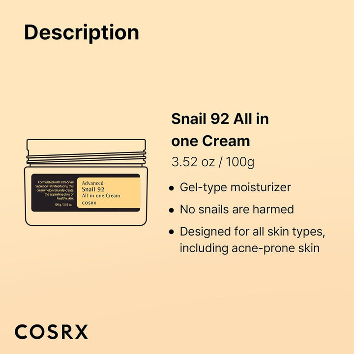 Description of COSRX Advanced Snail 92 All in one Cream jar, a hydrating and healing K-Beauty moisturizer. Gel type moisturizer, no snails are harmed, designed for all skin types, including acne-prone skin