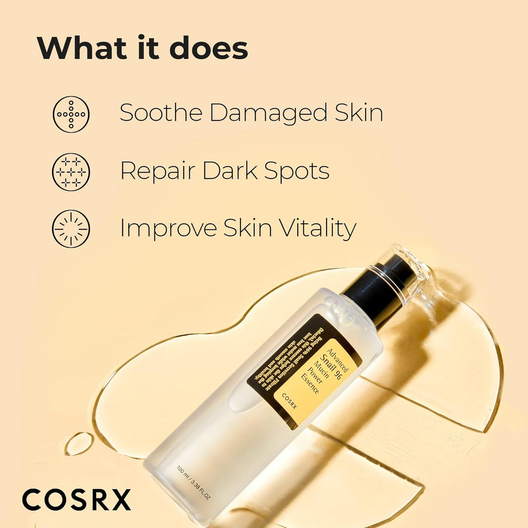 COSRX Advanced Snail 96 Mucin Power Essence bottle for deep hydration and skin repair. What it does? Soothe damaged skin, repair dark spots, improve skin vitality
