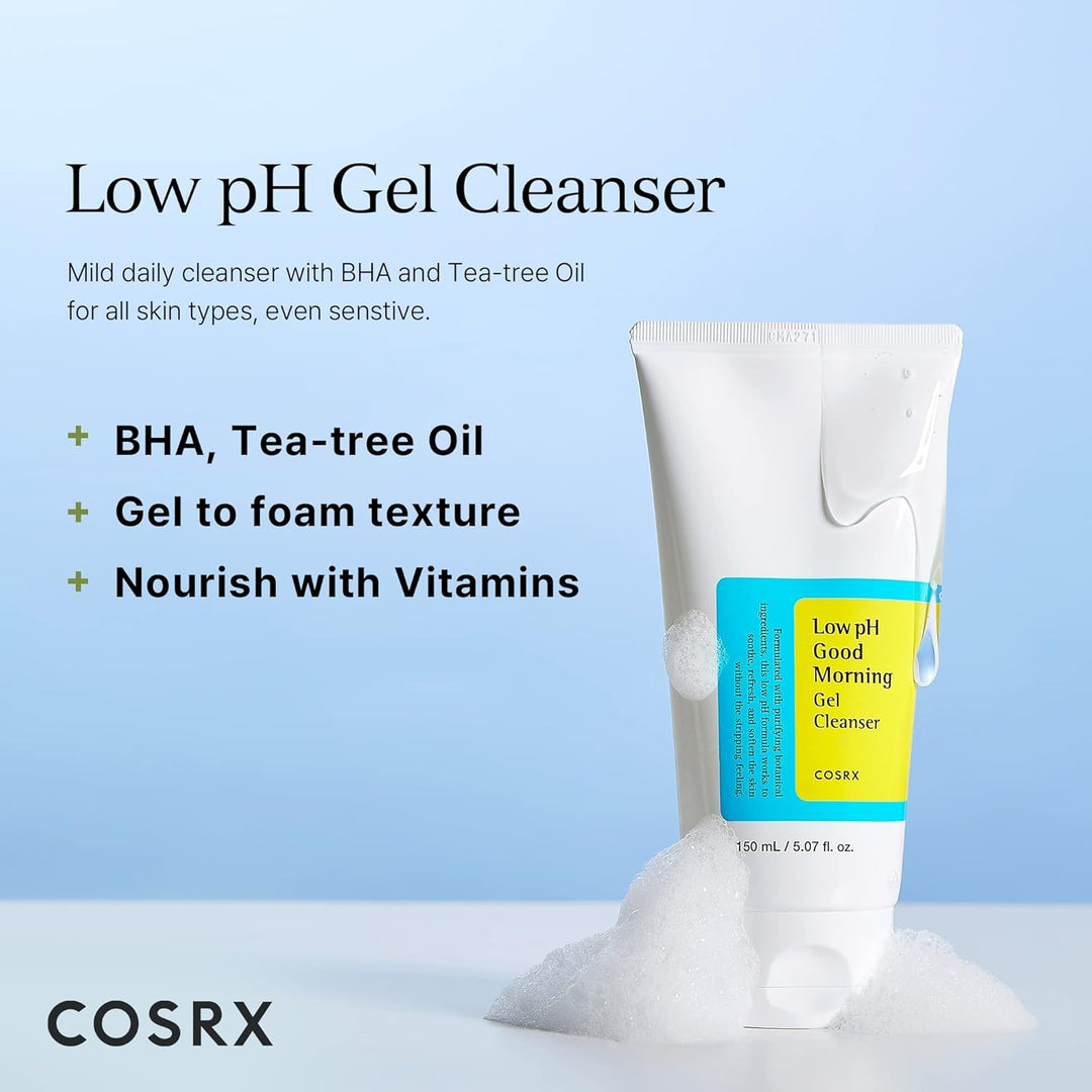 COSRX Low pH Good Morning Gel Cleanser bottle, a gentle K-Beauty face wash for acne-prone skin
