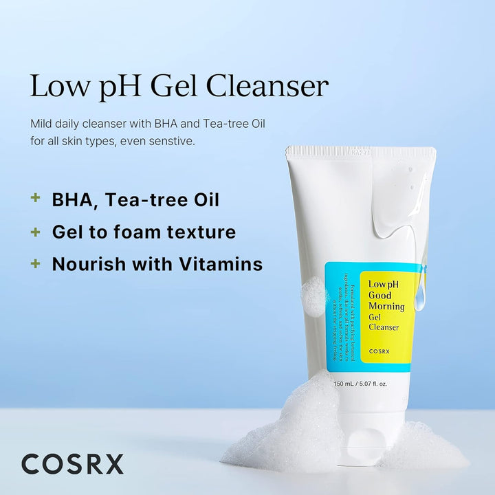 COSRX Low pH Good Morning Gel Cleanser bottle, a gentle K-Beauty face wash for acne-prone skin