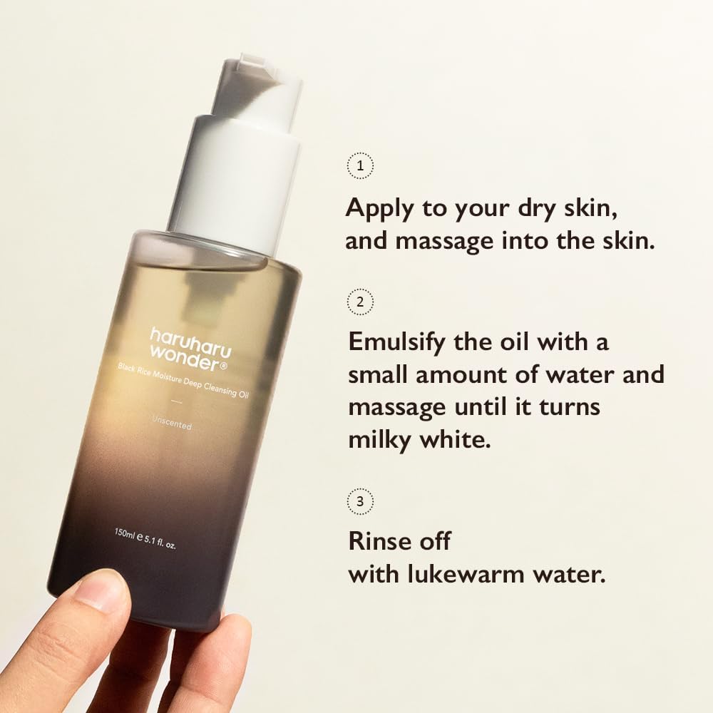 How to use Haruharu Wonder Black Rice Moisture Deep Cleansing Oil bottle for makeup and SPF removal.