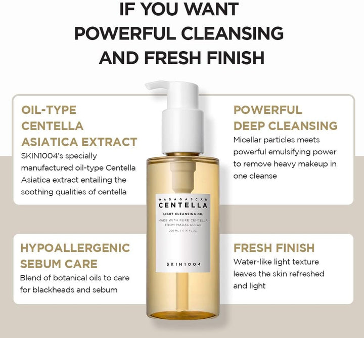 Use this if you want powerful cleansing and fresh finish. SKIN1004 Madagascar Centella Light Cleansing Oil bottle for deep pore cleaning and makeup removal