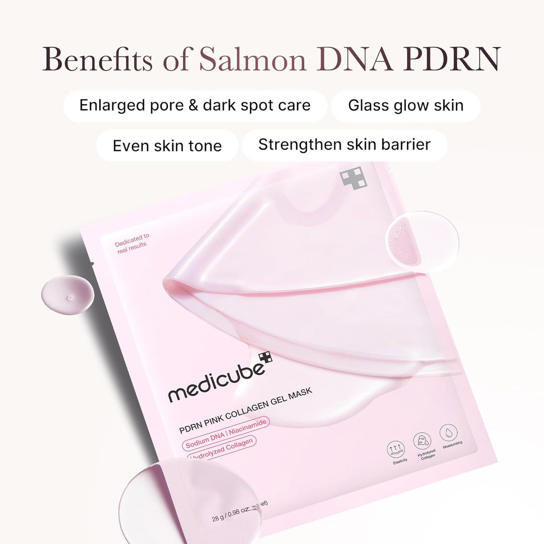 Benefits of Medicube Salmon PDRN Pink Collagen Gel Mask, such as enlarged pore and dark spot care, glass glow skin, even skin tone and strengthen skin barrier