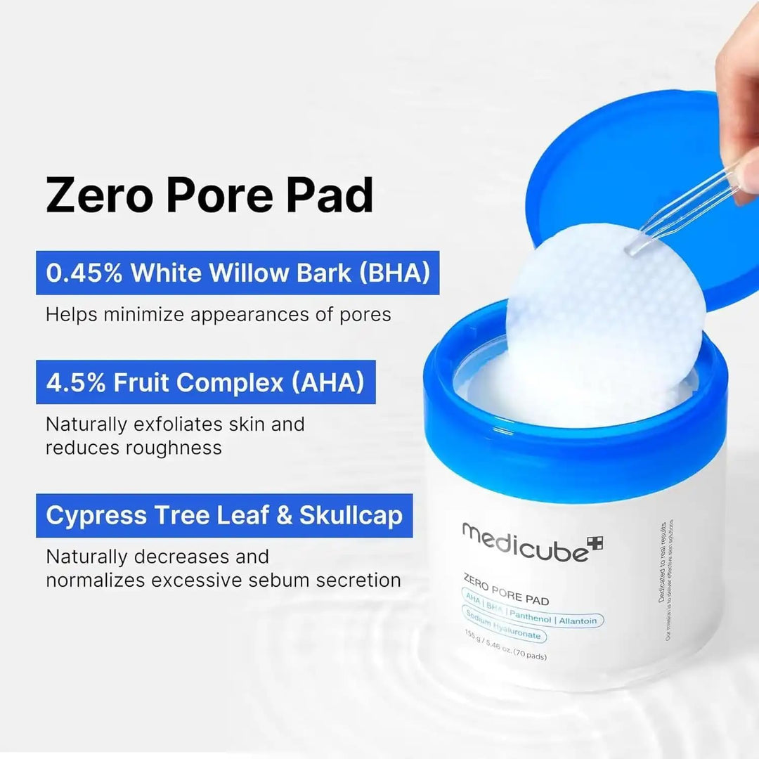 Medicube Zero Pore Pads 2.0 ingredients with AHA, BHA, and PHA