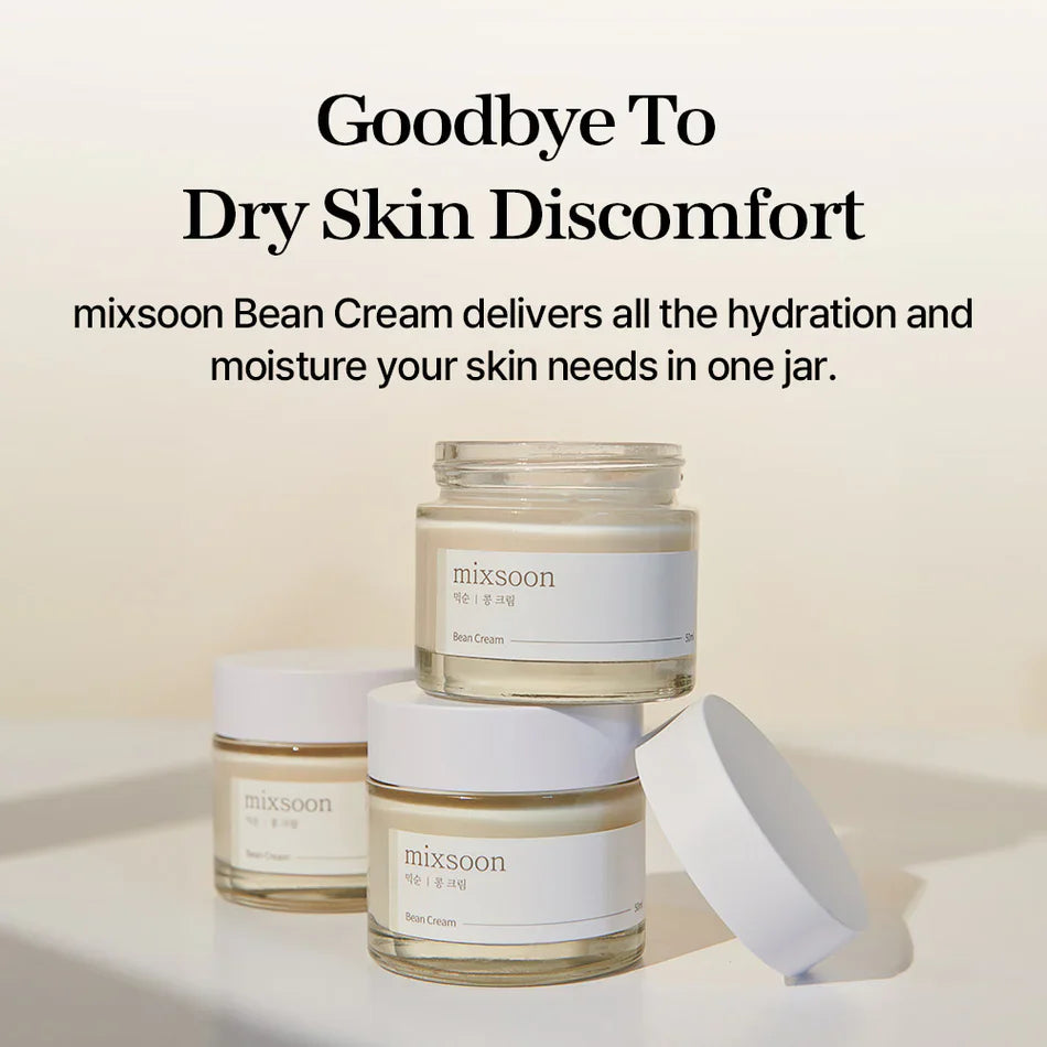 Mixsoon Bean Cream jar, a deep hydrating and balancing moisturizer for all skin types. Goodbye to dry skin discomfort.