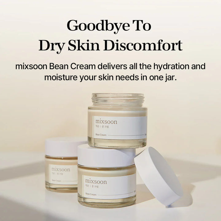 Mixsoon Bean Cream jar, a deep hydrating and balancing moisturizer for all skin types. Goodbye to dry skin discomfort.