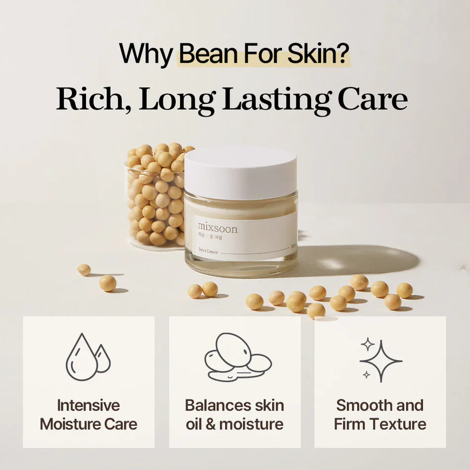 Mixsoon Bean Cream jar, a deep hydrating and balancing moisturizer for all skin types. Why bean for skin? Rich, long lasting care.