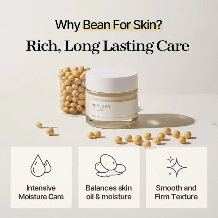 Mixsoon Bean Cream jar, a deep hydrating and balancing moisturizer for all skin types. Why bean for skin? Rich, long lasting care.