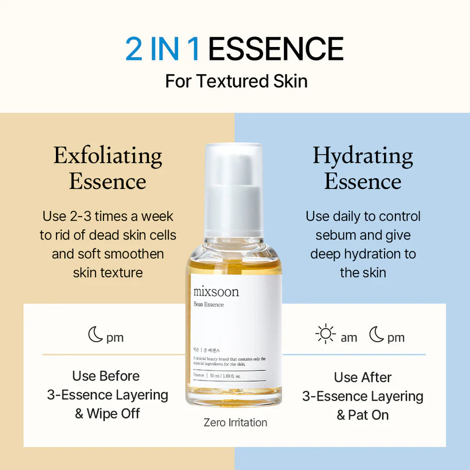 Mixsoon Bean Essence bottle, a vegan 2-in-1 hydrating serum and gentle exfoliator