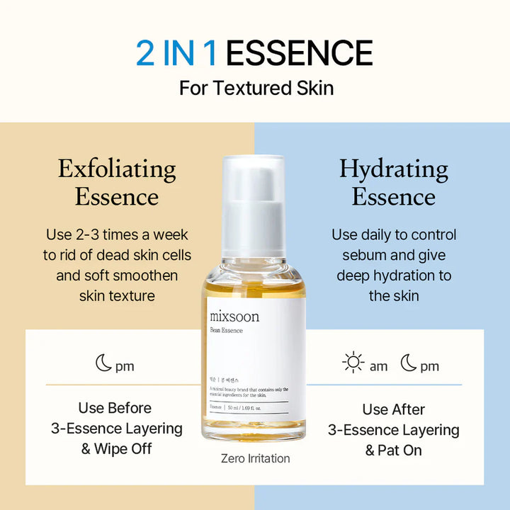Mixsoon Bean Essence bottle, a vegan 2-in-1 hydrating serum and gentle exfoliator