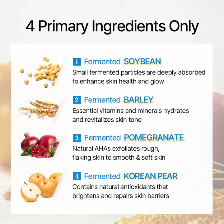 Ingredients of Mixsoon Bean Essence bottle, a vegan 2-in-1 hydrating serum and gentle exfoliator