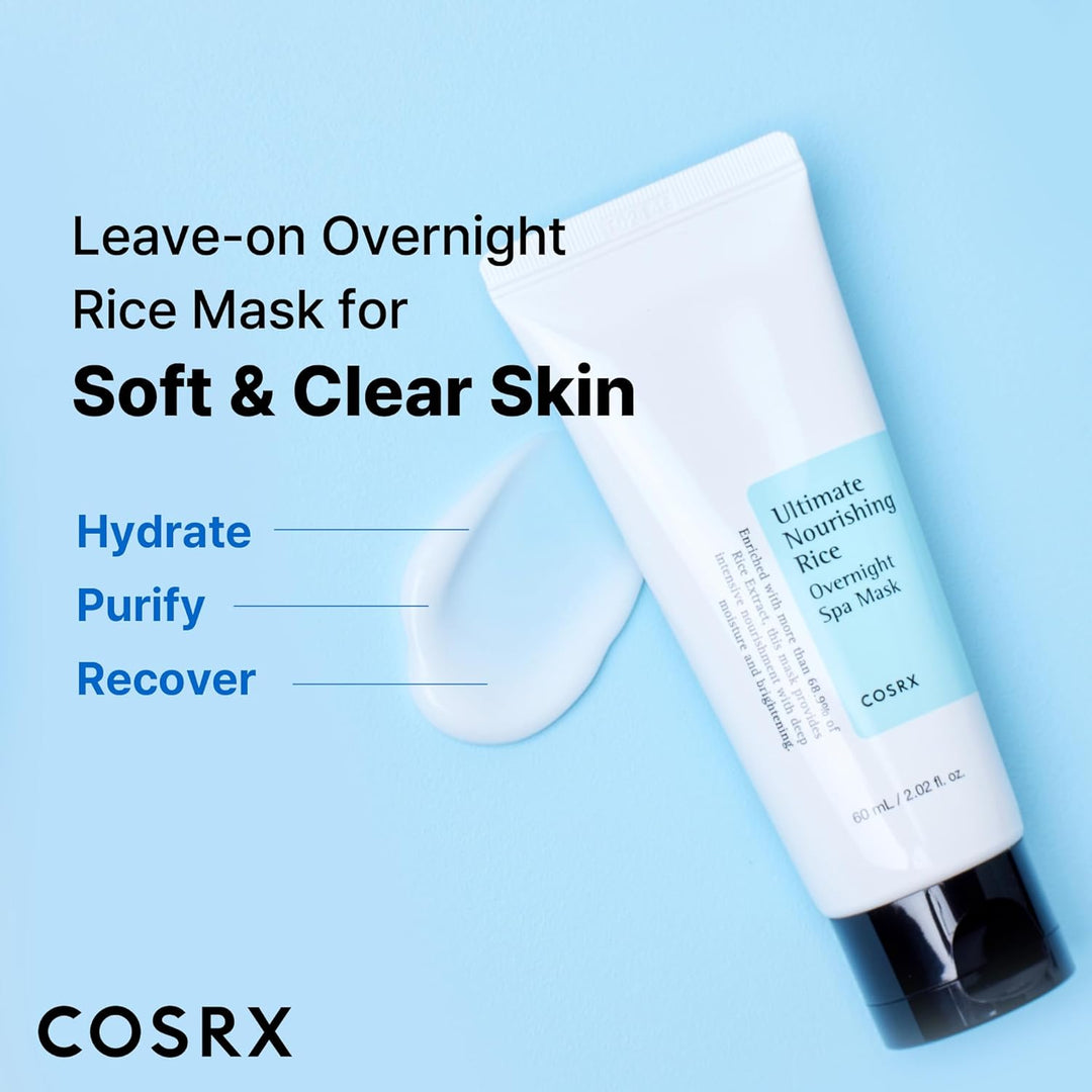 COSRX Ultimate Nourishing Rice Overnight Spa Mask 60ml. Leave an overnight rice mask for soft and clear skin. Hydrate, purify, recover