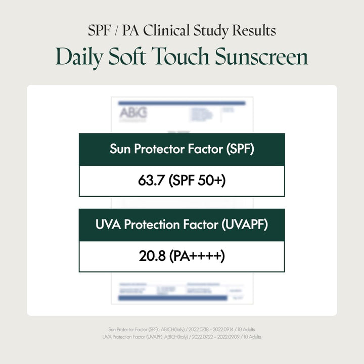 Clinical study of PURITO SEOUL Daily Soft Touch Sunscreen 60ml tube, a chemical SPF50+ with a semi-matte finish