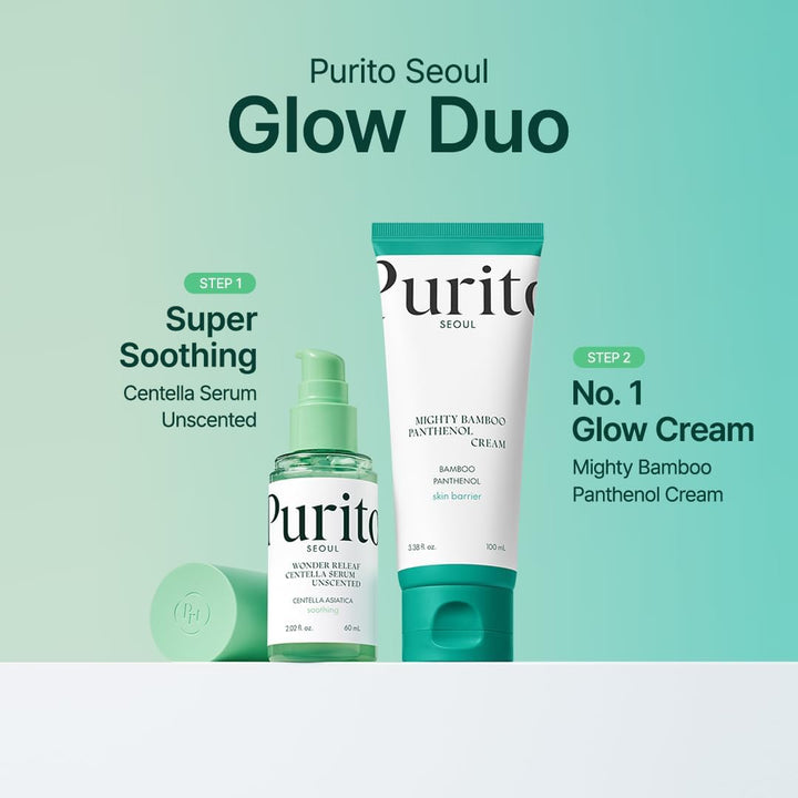 PURITO SEOUL Wonder Releaf Centella Serum Unscented bottle for soothing redness and skin barrier repair. Buy also Mighty Bamboo Panthenol Cream