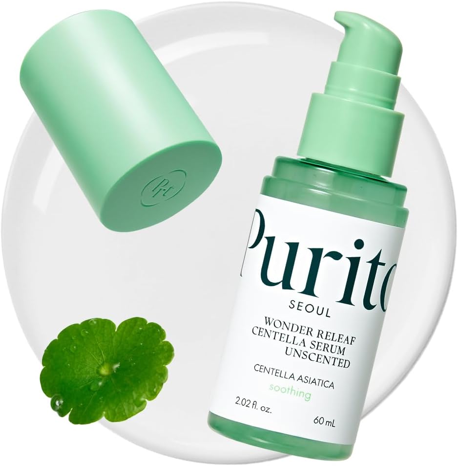 Product shot of PURITO SEOUL Wonder Releaf Centella Serum Unscented bottle for soothing redness and skin barrier repair