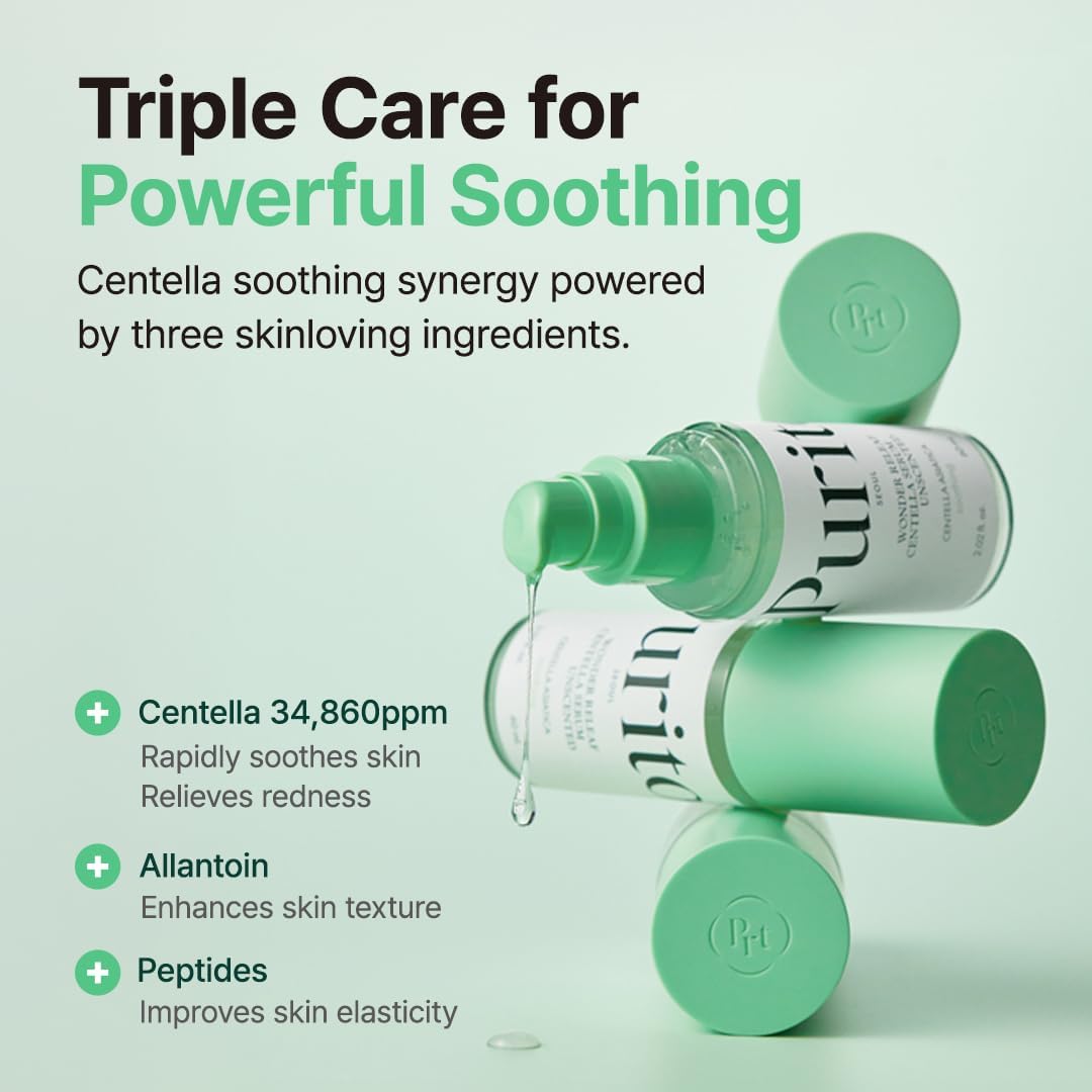 PURITO SEOUL Wonder Releaf Centella Serum Unscented bottle for soothing redness and skin barrier repair. Triple care for powerful Soothing.