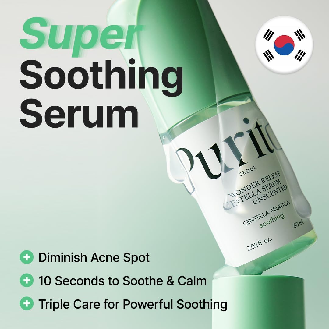 PURITO SEOUL Wonder Releaf Centella Serum Unscented bottle for soothing redness and skin barrier repair. Super soothing serum.