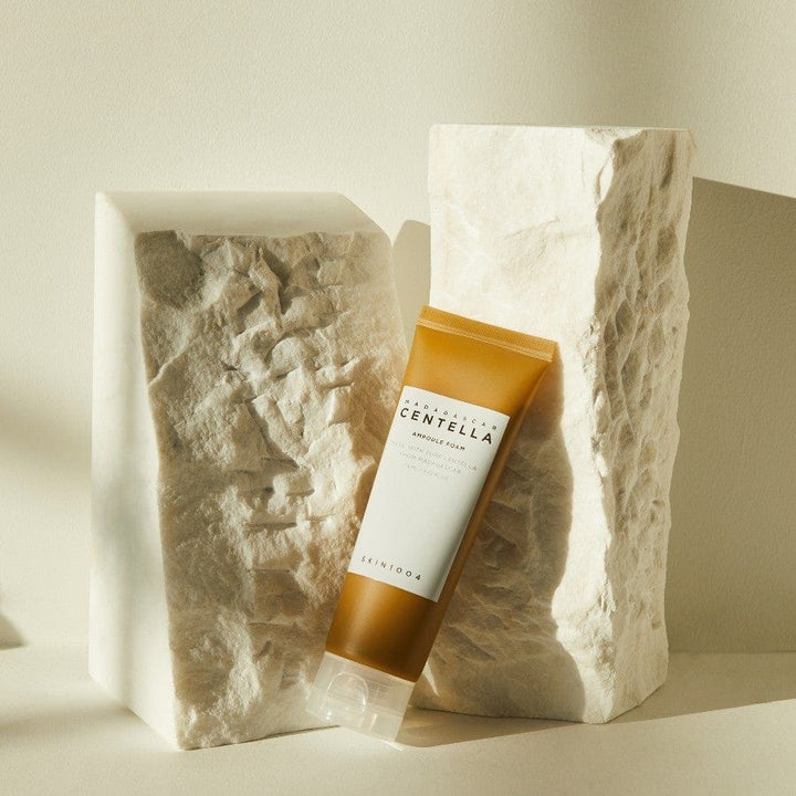 Product shoot of SKIN1004 Madagascar Centella Ampoule Foam tube, a low pH soothing K-Beauty cleanser