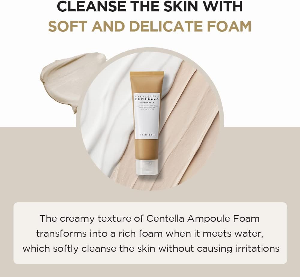 SKIN1004 Madagascar Centella Ampoule Foam tube, a low pH soothing K-Beauty cleanser. The creamy texture of Centella Ampoule foam transforms into reach foam when it meets water, which softly cleans the skin without you causing irritations.