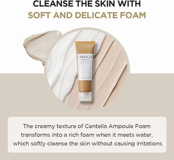 SKIN1004 Madagascar Centella Ampoule Foam tube, a low pH soothing K-Beauty cleanser. The creamy texture of Centella Ampoule foam transforms into reach foam when it meets water, which softly cleans the skin without you causing irritations.