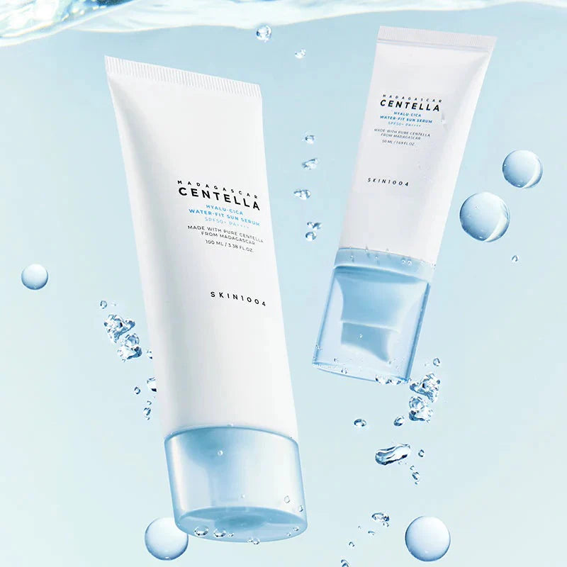 texture of SKIN1004 Water-Fit Sun Serum showing lightweight hydrating Korean sun serum finish