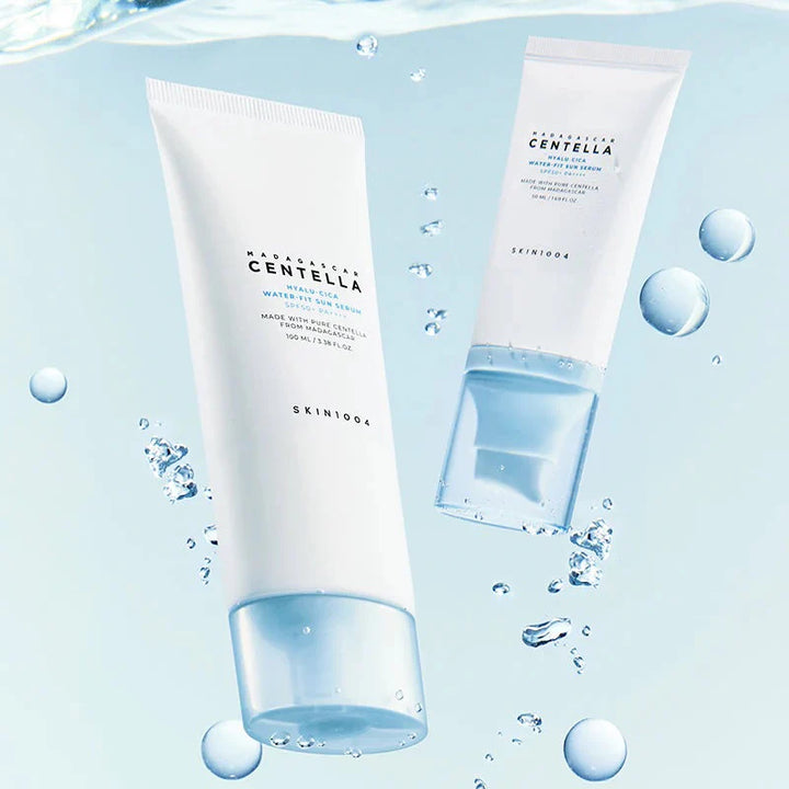 texture of SKIN1004 Water-Fit Sun Serum showing lightweight hydrating Korean sun serum finish