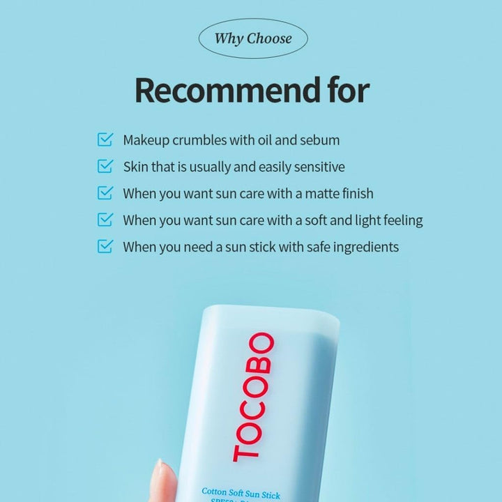 TOCOBO Cotton Soft Sun Stick SPF50+ PA++++ recommended for: makeup crumbles with oil sebul, skin that is usually and easily sensitive. 